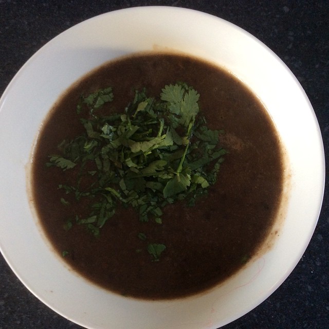 day 8, spicy Mexican black bean soup with loads of fresh coriander