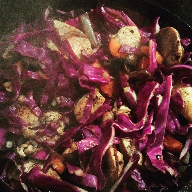 Red cabbage, chicken and soy stir fry for dinner